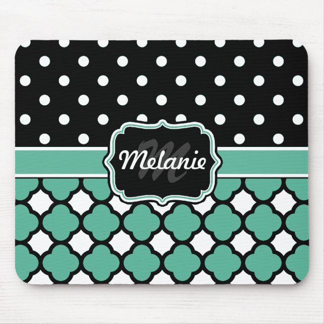 Monogrammad Blue Quatrefoil Lattice Polka-punkt Musmatta (Framsidan)