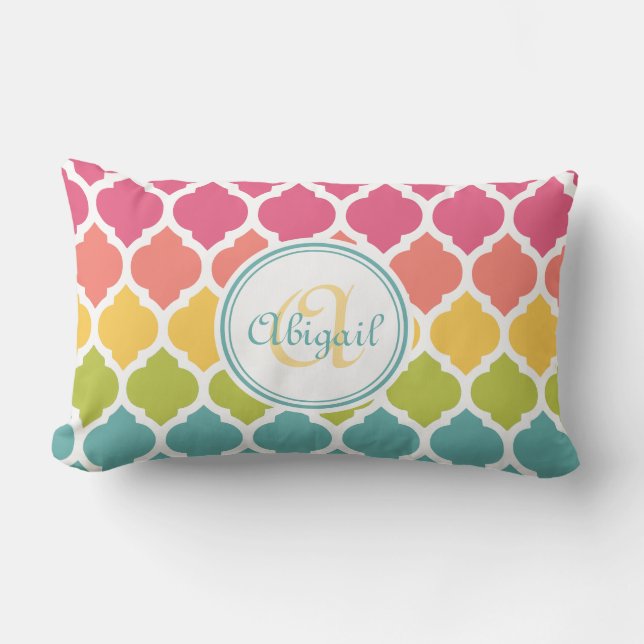 Monogrammad Blue Rosa Moroccan Lattice Mönster Lumbarkudde (Framsida)