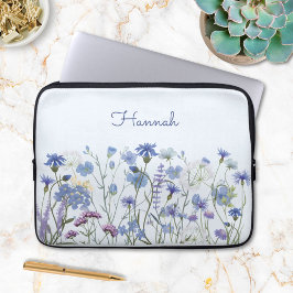 Monogrammad Blue Watercolor Wildblomme Garden Laptop Fodral