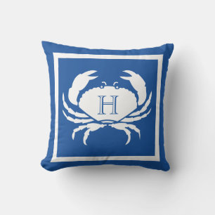 Monogrammad Blue White Crab Nautical Exdoor Pill Kudde