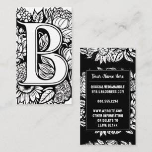 Monogrammad Brev B Black and White Blommigt Flower Visitkort