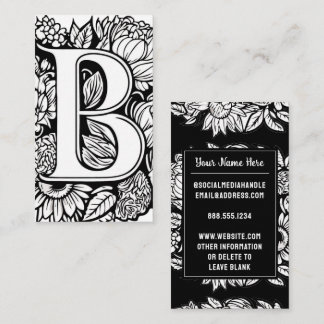 Monogrammad Brev B Black and White Blommigt Flower Visitkort