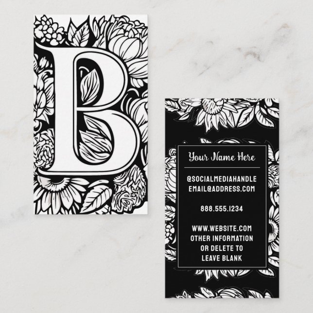 Monogrammad Brev B Black and White Blommigt Flower Visitkort (Fram/baksida)