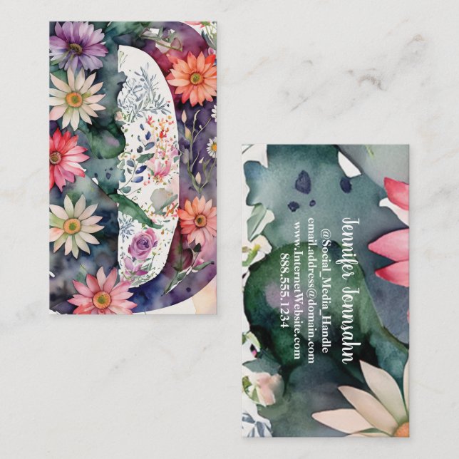 Monogrammad Brev D Enkel Chic Blommigt Vattenfärg Visitkort (Fram/baksida)