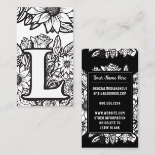Monogrammad Brev L Black and White Blommigt Flower Visitkort