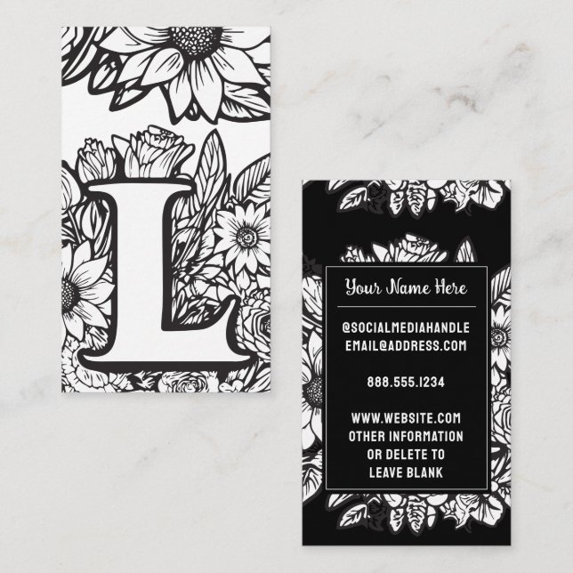 Monogrammad Brev L Black and White Blommigt Flower Visitkort (Fram/baksida)