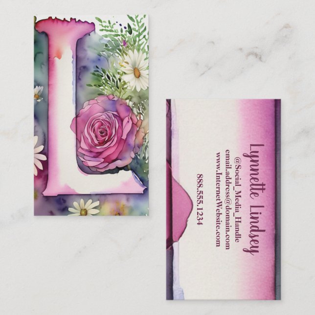 Monogrammad Brev L Simple Chic Blommigt Vattenfärg Visitkort (Fram/baksida)