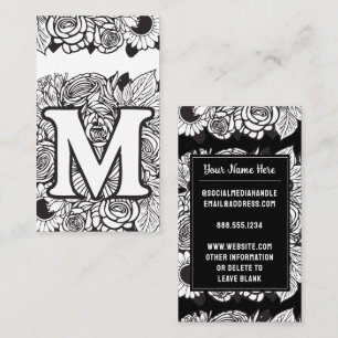 Monogrammad Brev M Black and White Blommigt Flower Visitkort
