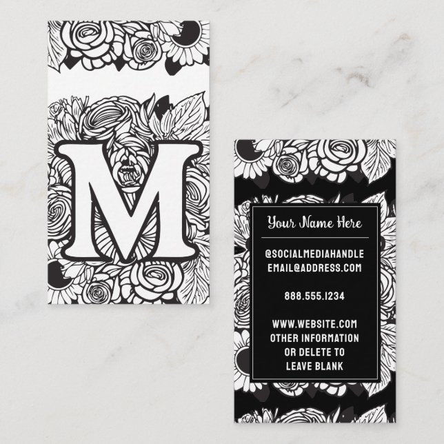 Monogrammad Brev M Black and White Blommigt Flower Visitkort (Fram/baksida)