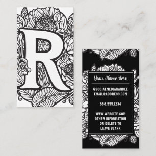 Monogrammad Brev R Black and White Blommigt Flower Visitkort