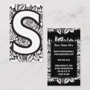 Monogrammad Brev S Black and White Blommigt Flower Visitkort
