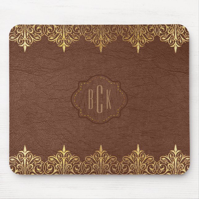 Monogrammad Brown Faux Leather Guld Snöre-dekorati Musmatta (Framsidan)