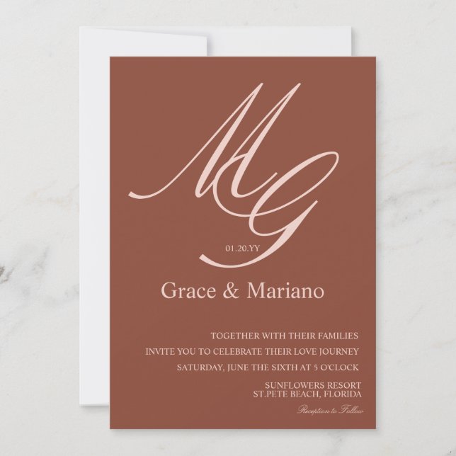 Monogrammad Brown Rosa Muted Wedding Investigation Inbjudningar (Framsida)