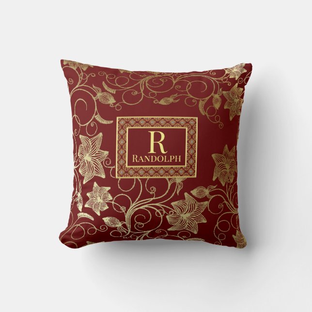 Monogrammad Burgundy och Guld Blommigt Dekorativ k Kudde (Framsida)