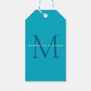 Monogrammad Calligraphy Azure Blue Modern Plain Presentetikett