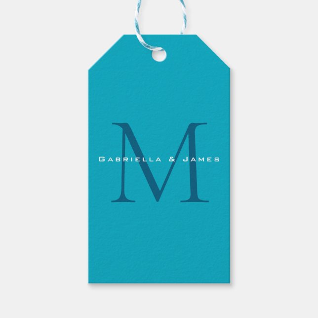 Monogrammad Calligraphy Azure Blue Modern Plain Presentetikett (Framsidan)