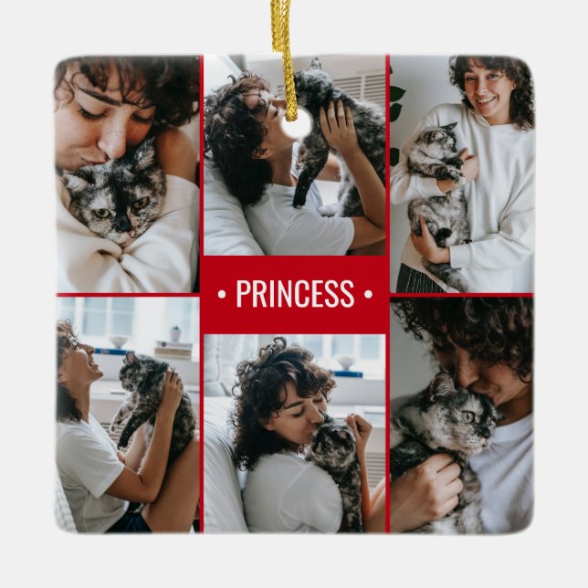 Monogrammad Cat Photo Collage Julgransprydnad Keramik (Framsida)