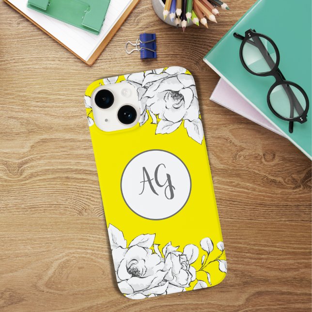 Monogrammad Chic Modern Gult White Blommigt (Skapare uppladdad)
