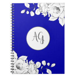 Monogrammad Chic Modern Royal Blue White Blommigt Anteckningsbok