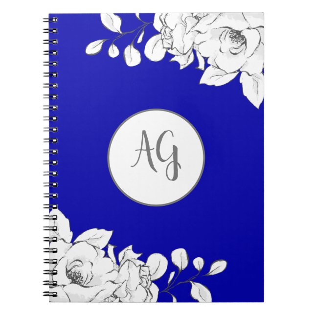 Monogrammad Chic Modern Royal Blue White Blommigt Anteckningsbok (Framsidan)