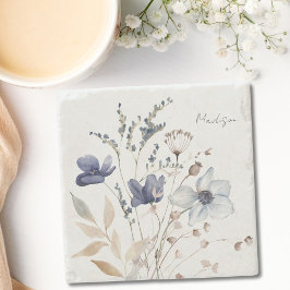 Monogrammad Chic Söt Watercolor Blue Blommigt Stenunderlägg