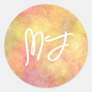 Monogrammad Coral och Gult Runt Klistermärke