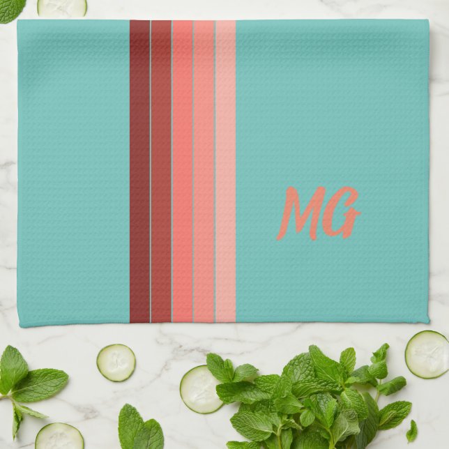 Monogrammad Coral Red Rosa White Rand Kökshandduk (Vikta)