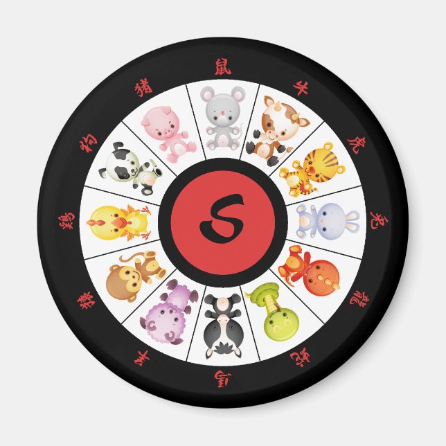 Monogrammad Cute China Zodiac Circle Magnet (Framsidan)