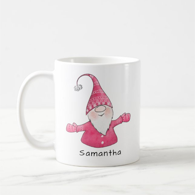 Monogrammad Cute Gnome Rosa och vit jul Kaffemugg (Vänster)