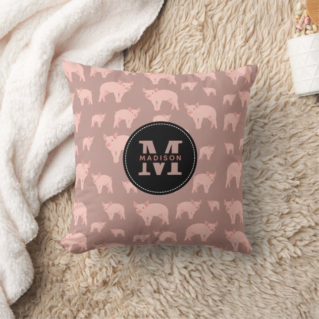 Monogrammad Cute Rosa Gris Mönster Kudde (Filt)