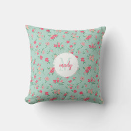 Monogrammad Daety Rosa Flowers on Teal Kudde