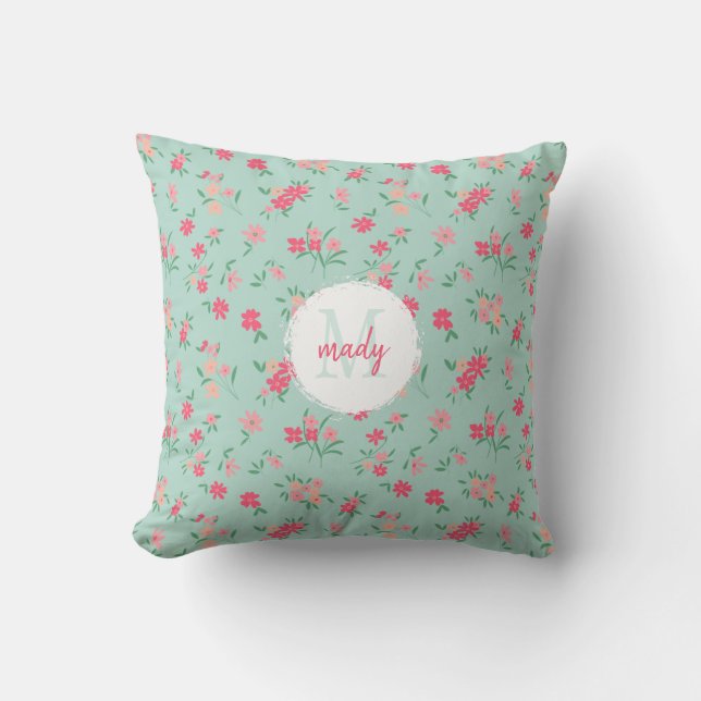 Monogrammad Daety Rosa Flowers on Teal Kudde (Framsida)