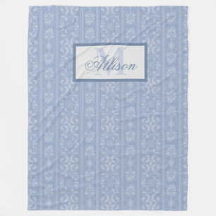 Monogrammad elegant Blue and White Blommigt Damask Fleecefilt