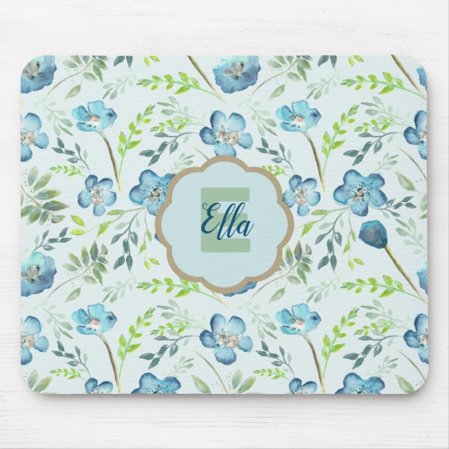 Monogrammad Elegant Boho Blue Watercolor Flowers Musmatta (Framsidan)