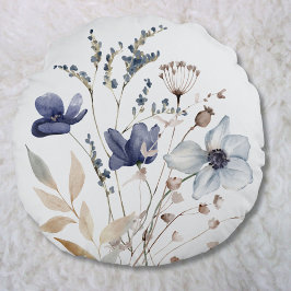 Monogrammad Elegant Chic Vattenfärgsblå blomma Rund Kudde