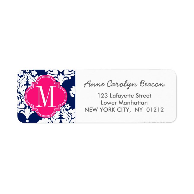 Monogrammad elegant Damask Navy & Rosa Anpassnings Returadress Etikett (Framsidan)