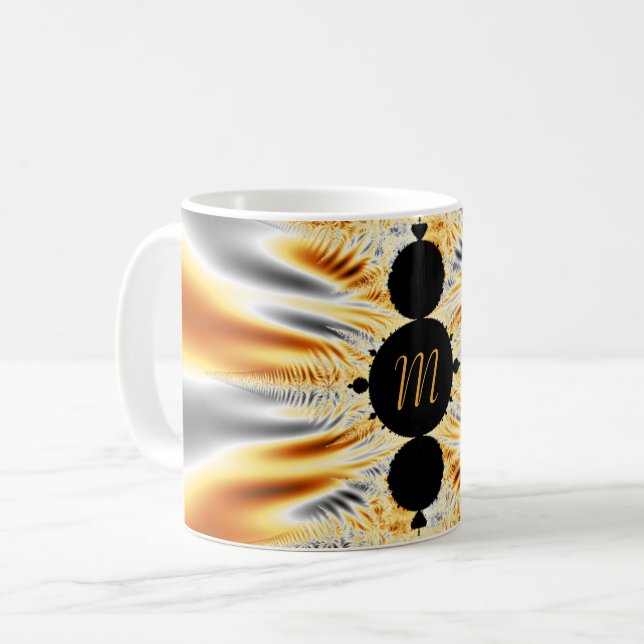 Monogrammad Elegant Golden Orange & Silver Fractal Kaffemugg (Framsida vänster)
