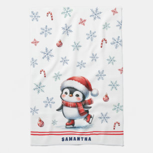 Monogrammad Elegant jul Ice Skating Penguin Kökshandduk