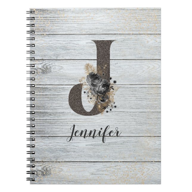 Monogrammad Elegant Modern Goth Black Ro J Anteckningsbok (Framsidan)