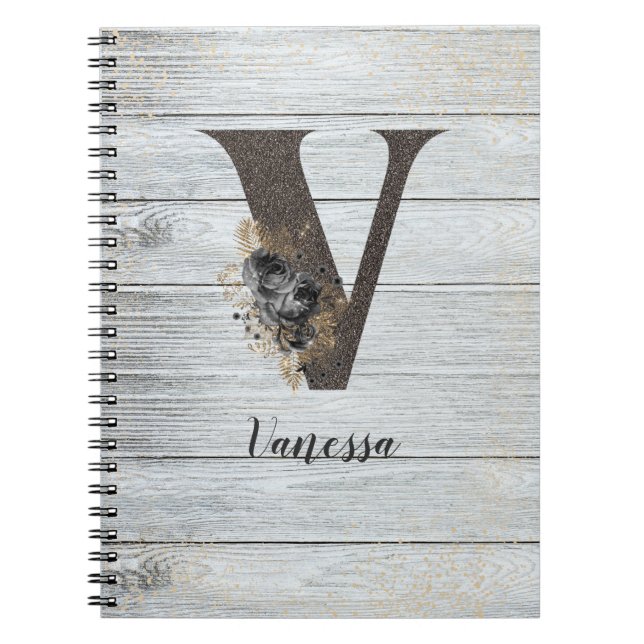 Monogrammad Elegant Modern Goth Black Ro V Anteckningsbok (Framsidan)