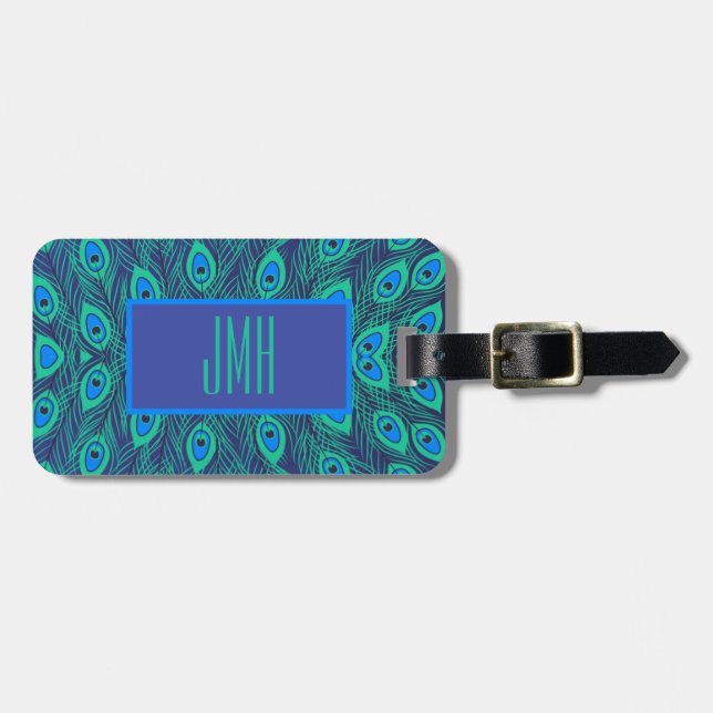 Monogrammad Elegant Modern Peacock Blue Teal Bagagebricka (Horisontell Framsida)