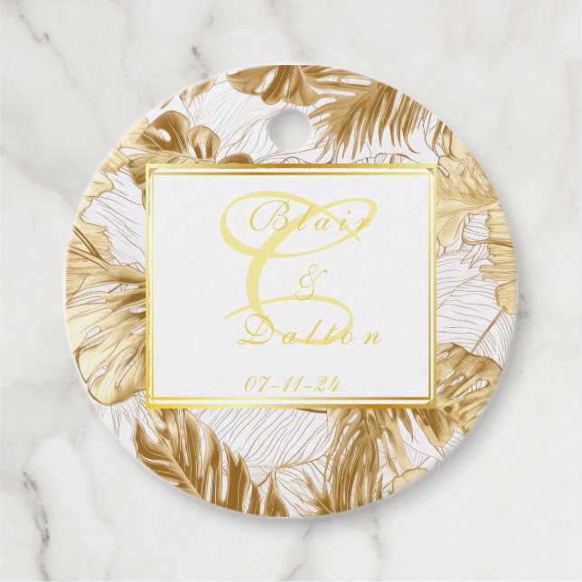 Monogrammad Elegant Monstera Gilded Guld Bröllop Gåvor Etiketter (Framsida)