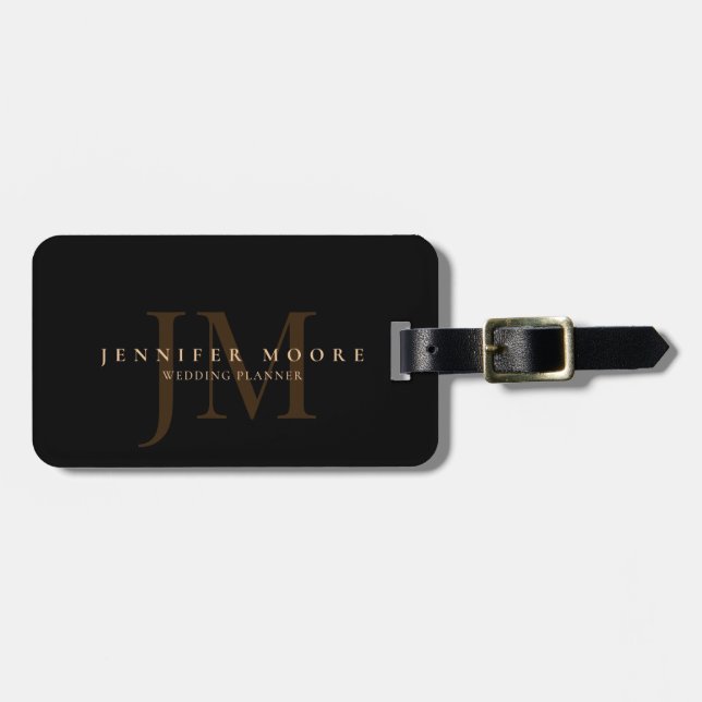 Monogrammad elegant Professionell Plain Black Guld Bagagebricka (Horisontell Framsida)