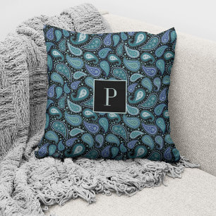 Monogrammad Elegant Retro Blue Paisley Mönster Kudde