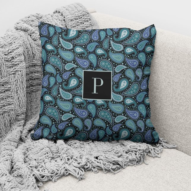 Monogrammad Elegant Retro Blue Paisley Mönster Kudde (Skapare uppladdad)