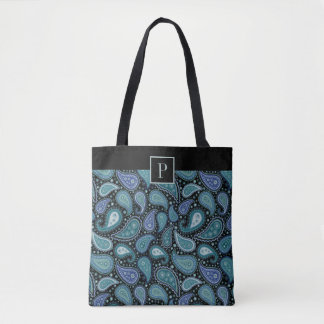 Monogrammad Elegant Retro Blue Paisley Mönster Tygkasse