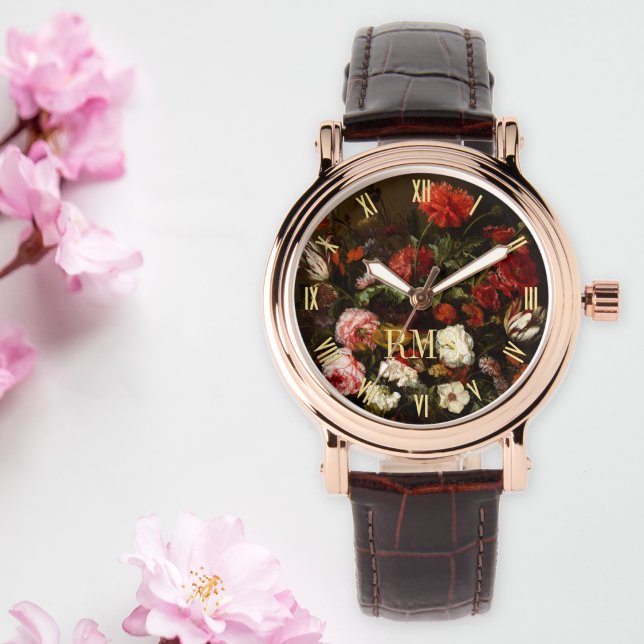 Monogrammad Elegant Ro Guld för kvinnor i Blommigt Armbandsur (Womens Floral Art Elegant Rose Gold Monogrammed Watch)