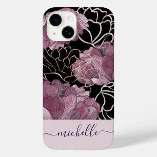 Monogrammad elegant Rosa & Black Blommigt
