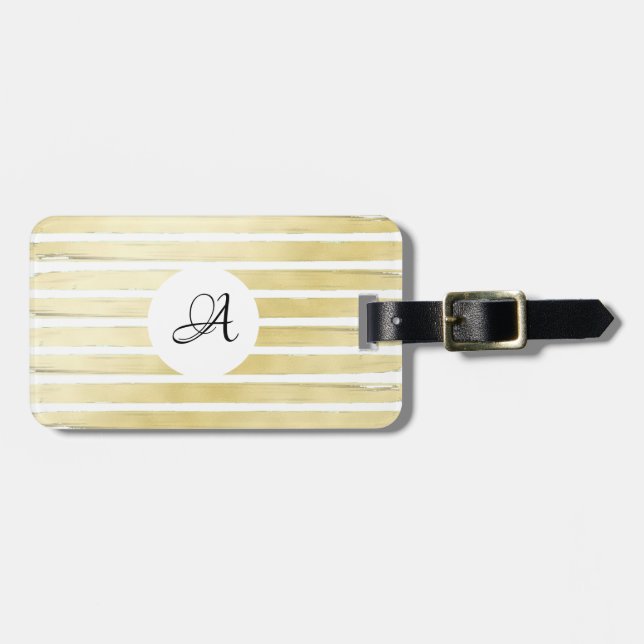 Monogrammad elegant vit guld-folie, strimlad bagagebricka (Horisontell Framsida)