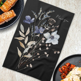 Monogrammad Elegant Watercolor Blue Wildblomma Kökshandduk